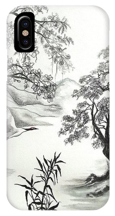 Asian Landscape Art iPhone X Case featuring the drawing Tranquility w Kona Moringa by Melodye Whitaker