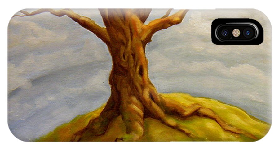 Tree Trunk Branches Sky Clouds Hill Light Shadow Sky Grass Ground Roots Moss Green Yellow Brown Blue White Violet Grey Ochre Orange iPhone X Case featuring the painting Tree At The Top Of The World by Ida Eriksen