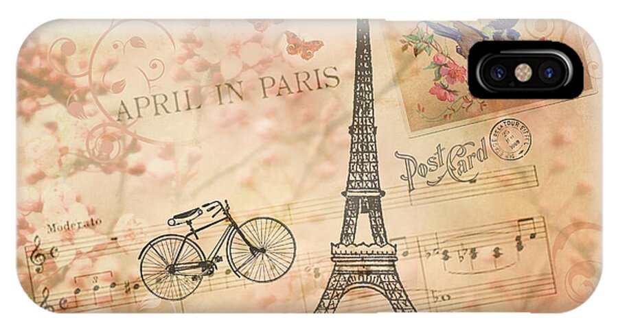 Bicycles iPhone X Case featuring the digital art Vintage Bicycle and Eiffel Tower by Peggy Collins