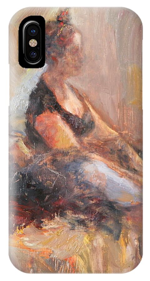 Quinsweetman iPhone X Case featuring the painting Waiting for Her Moment - Impressionist Oil Painting by Quin Sweetman