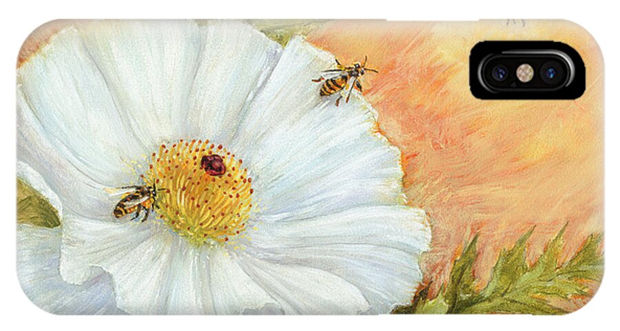 Poppy iPhone X Case featuring the digital art White Poppy and Bees by Randy Wollenmann