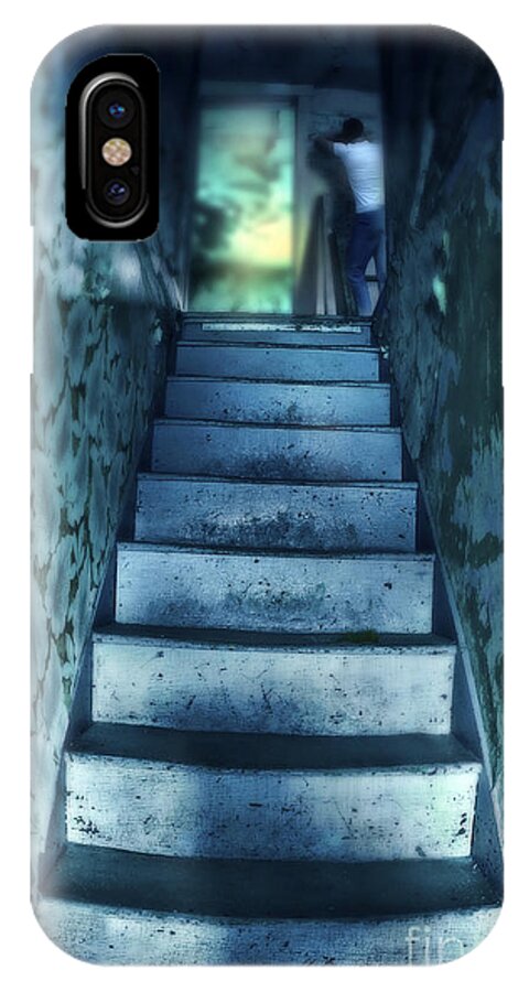 Stairs iPhone X Case featuring the photograph Dark Staircase with Man at Top by Jill Battaglia
