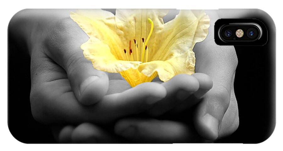 Hands iPhone X Case featuring the photograph Delicate Yellow Flower In Hands by Tracie Schiebel