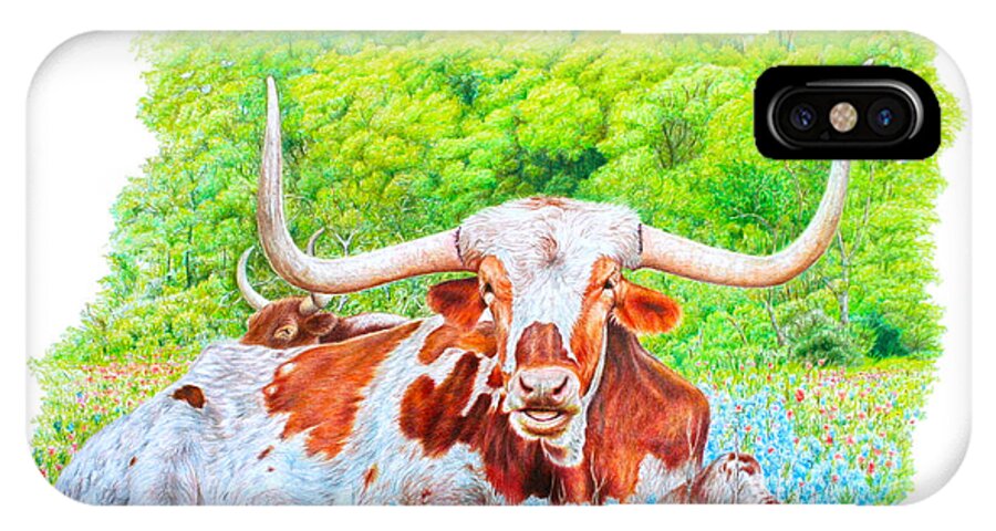 Animal iPhone X Case featuring the drawing Longhorns in Bluebonnets by Mike Ivey