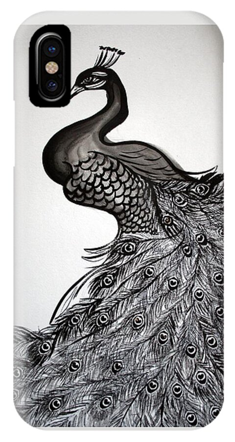 Peacock iPhone X Case featuring the painting Peacock Sumie Ink by Alma Yamazaki
