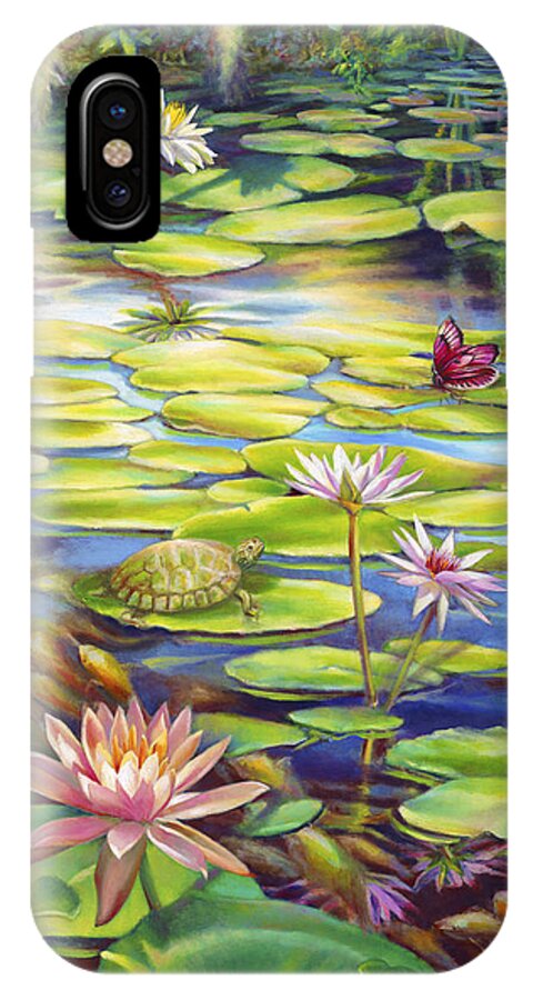 Water Lily iPhone X Case featuring the painting Water Lilies at McKee Gardens I - Turtle Butterfly and Koi Fish by Nancy Tilles