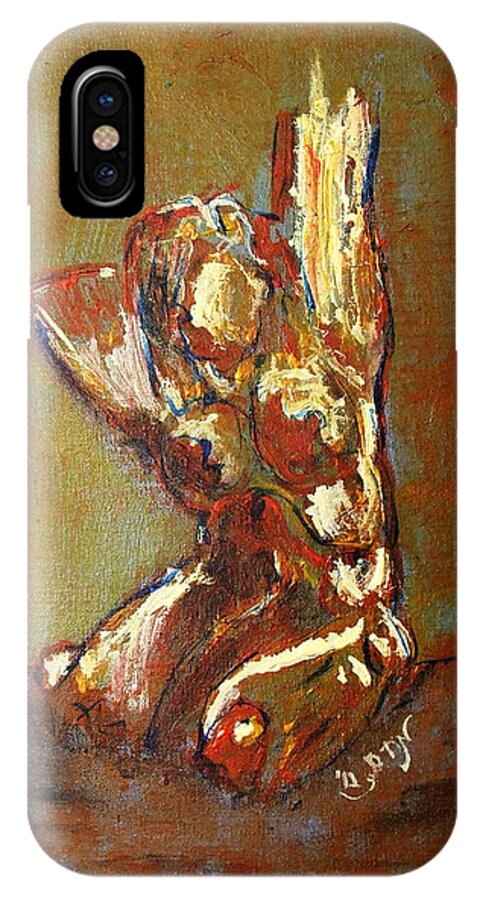 Yellow iPhone X Case featuring the painting Yellow Orange Expressionist Nude Female Figure Statue Coming Alive Bold Anatomy Painting by MendyZ M Zimmerman