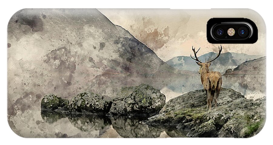 Red Deer iPhone X Case featuring the photograph Watercolor painting of Stunning powerful red deer stag looks out #1 by Matthew Gibson