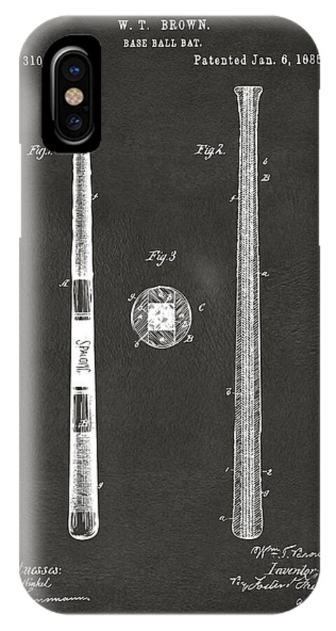 Baseball iPhone X Case featuring the digital art 1885 Baseball Bat Patent Artwork - Gray by Nikki Marie Smith