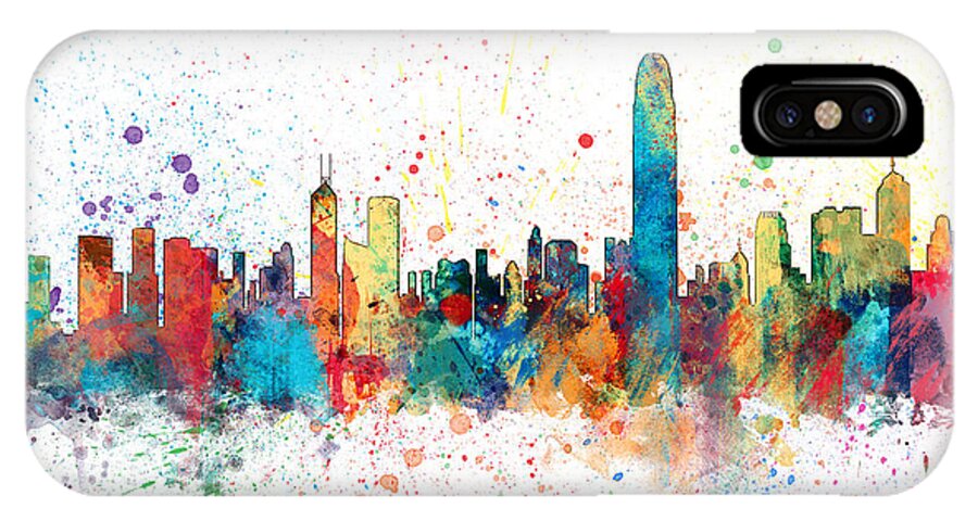 Watercolour iPhone X Case featuring the digital art Hong Kong Skyline #5 by Michael Tompsett