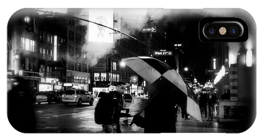 Street Photography iPhone X Case featuring the photograph A Foggy Night in New York Town - Checkered Umbrella by Miriam Danar