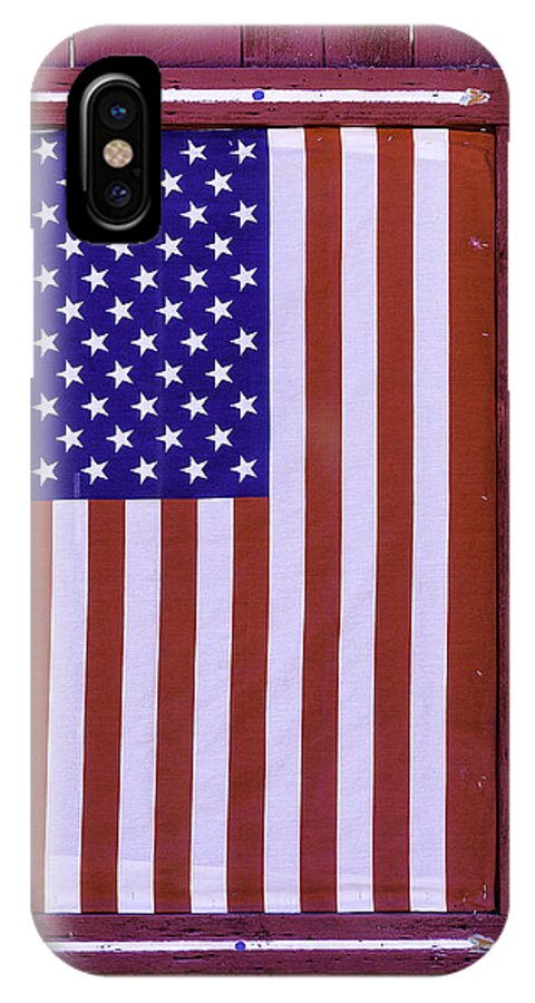 American Flag Wooden Wall iPhone X Case featuring the photograph American Flag In Red Window by Garry Gay