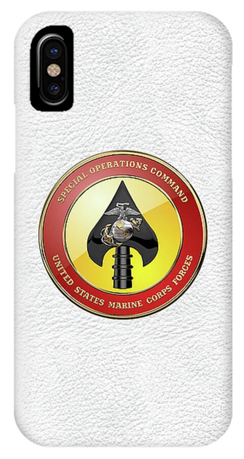 'military Insignia & Heraldry' Collection By Serge Averbukh iPhone X Case featuring the digital art U S M C Forces Special Operations Command - M A R S O C Seal over White Leather by Serge Averbukh