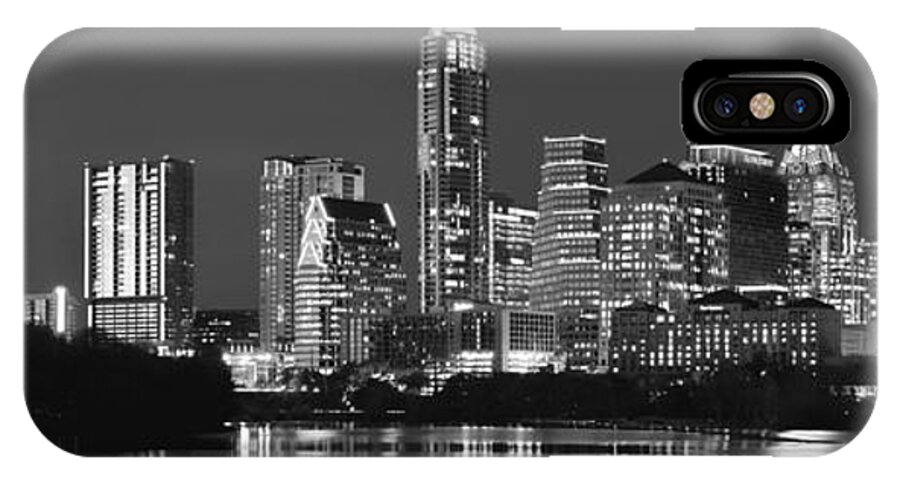 Austin Skyline iPhone X Case featuring the photograph Austin Skyline at Night Black and White BW Panorama Texas by Jon Holiday