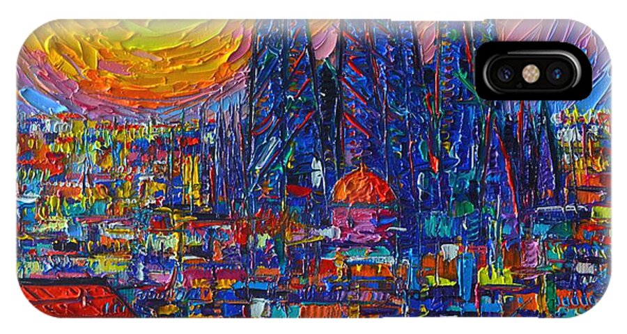Barcelona iPhone X Case featuring the painting BARCELONA COLORFUL SUNSET OVER SAGRADA FAMILIA abstract city knife oil painting Ana Maria Edulescu by Ana Maria Edulescu