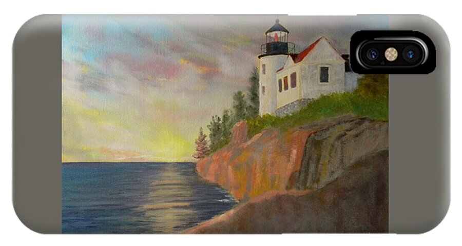 Beach Seascape Lighthouse Ocean Sunrise Rocks Sea Maine Harbor Landscape Artist Scott White iPhone X Case featuring the painting Bass Harbor Light by Scott W White
