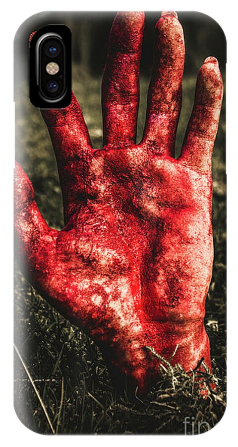 Zombies iPhone X Case featuring the photograph Blood Stained Hand Coming Out Of The Ground At Night by Jorgo Photography