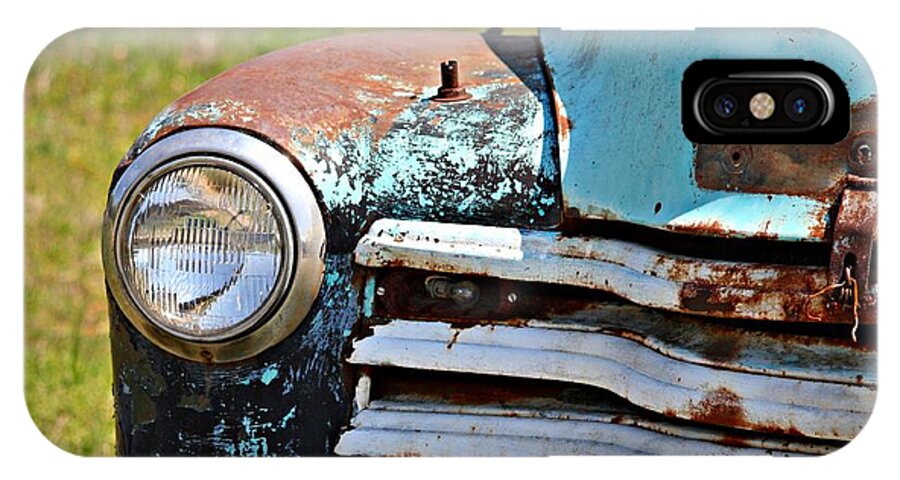 Chevrolet iPhone X Case featuring the photograph Blue Antique Chevy Grill- Fine Art by KayeCee Spain