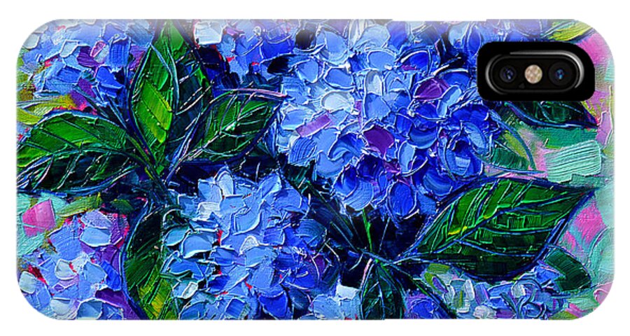 Blue Hydrangeas iPhone X Case featuring the painting Blue Hydrangeas - Abstract Floral Composition by Mona Edulesco