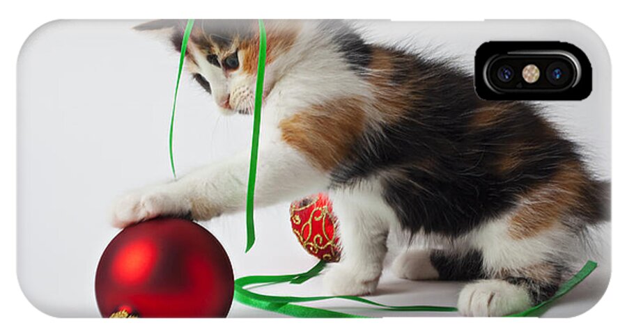 Calico Kitten Christmas Ornaments iPhone X Case featuring the photograph Calico kitten and Christmas ornaments by Garry Gay