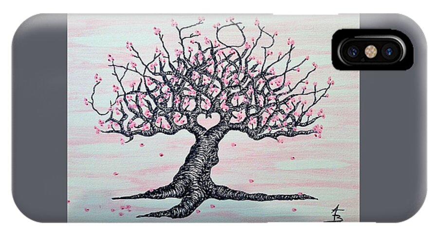 California iPhone X Case featuring the drawing California Cherry Blossom Love Tree by Aaron Bombalicki