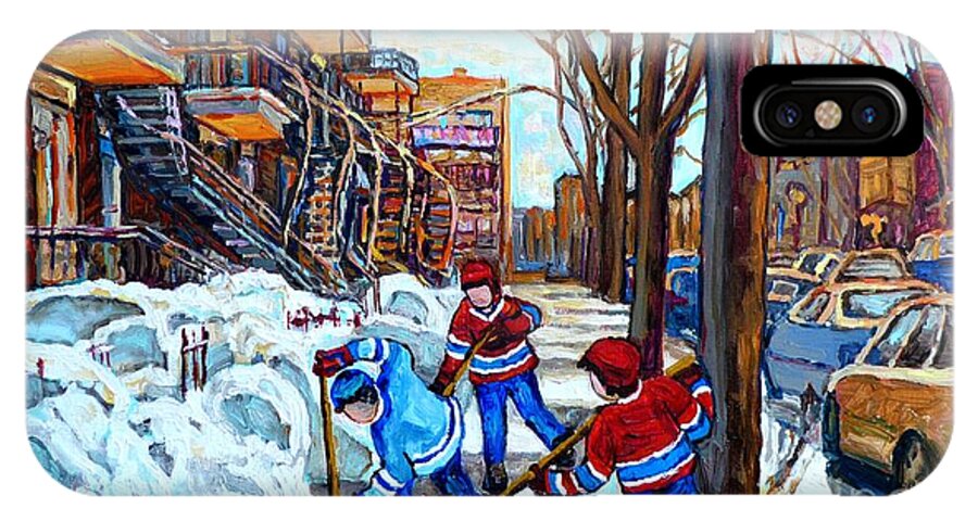 Montreal iPhone X Case featuring the painting Canadian Art Street Hockey Game Verdun Montreal Memories Winter City Scene Paintings Carole Spandau by Carole Spandau