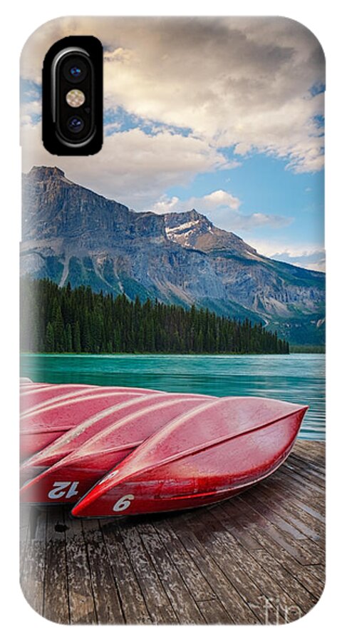 British Columbia iPhone X Case featuring the photograph Canoes at Emerald Lake in Yoho National Park by Bryan Mullennix
