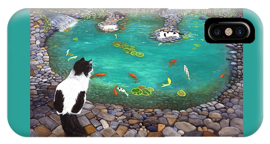 Karen Zuk Rosenblatt iPhone X Case featuring the painting Cats and Koi by Karen Zuk Rosenblatt