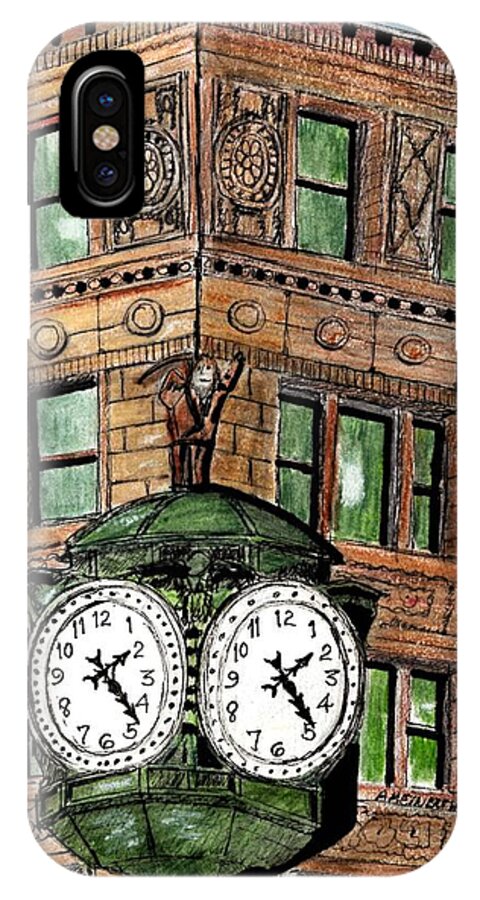 Drawings By Paul Meinerth iPhone X Case featuring the drawing Chicago Clock by Paul Meinerth