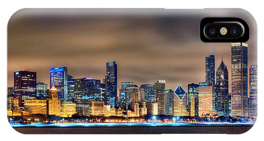 Chicago iPhone X Case featuring the photograph Chicago Skyline at NIGHT Panorama Color 1 to 3 Ratio by Jon Holiday