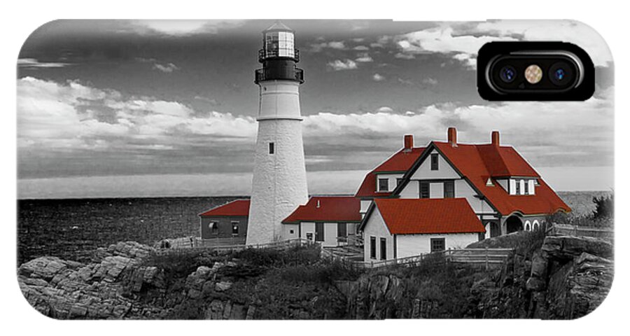 Seascape iPhone X Case featuring the photograph Clouds over Portland Head Lighthouse 3 - BW by Lou Ford