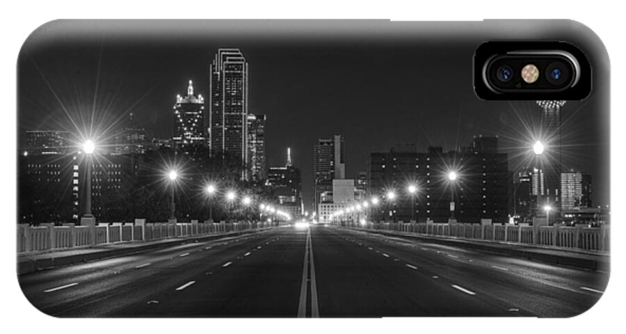 Dallas iPhone X Case featuring the photograph Crossing The Bridge to DownTown Dallas at Night in Black and White by Todd Aaron