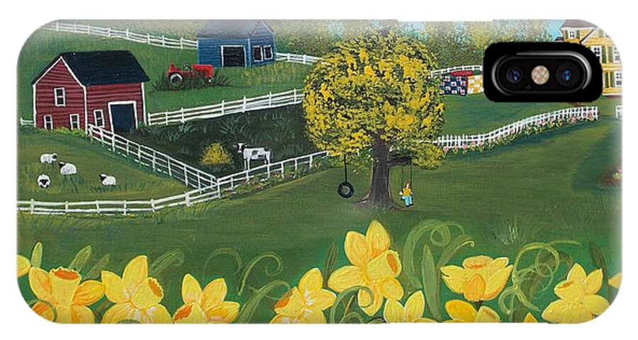 Folk Art iPhone X Case featuring the painting Dancing Daffodils by Virginia Coyle