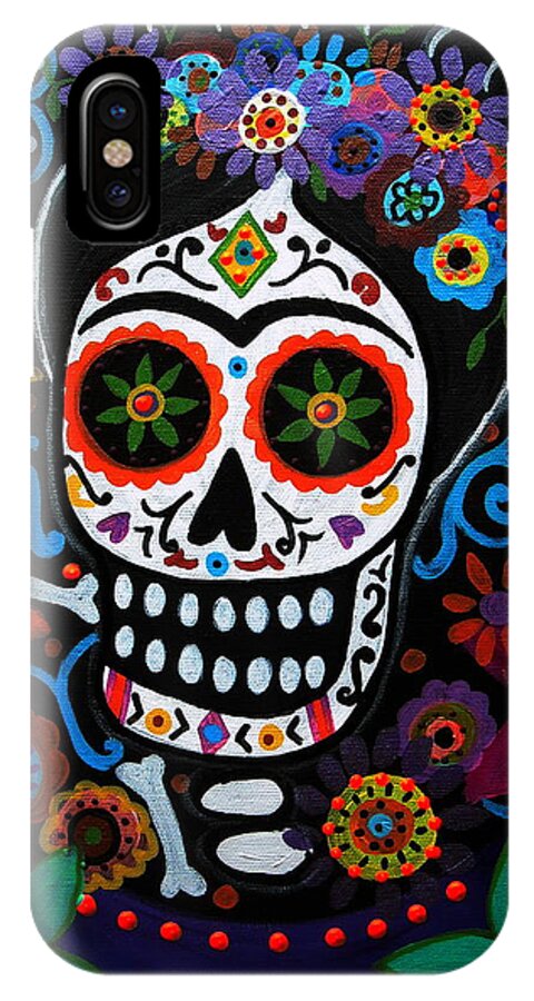 Day Of The Dead Frida Kahlo Painting Prisarts Pristine Cartera Turkus Flowers Florals Blooms Folk Art Artists Mexican Mexico Dia De Los Muertos iPhone X Case featuring the painting Day Of The Dead Frida Kahlo Painting by Pristine Cartera Turkus