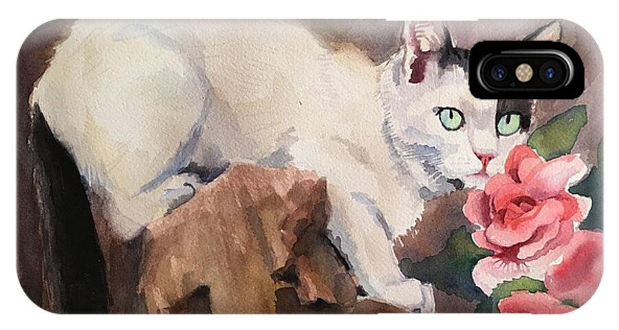 Cat iPhone X Case featuring the painting Deano in the roses by Mimi Boothby