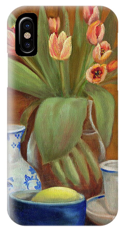 Still Life iPhone X Case featuring the painting Delft Vase and Mini Tulips by Marlene Book