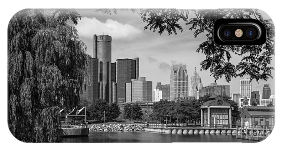 Detroit Riverfront iPhone X Case featuring the photograph Detroit Skyline and Marina Black and White by John McGraw