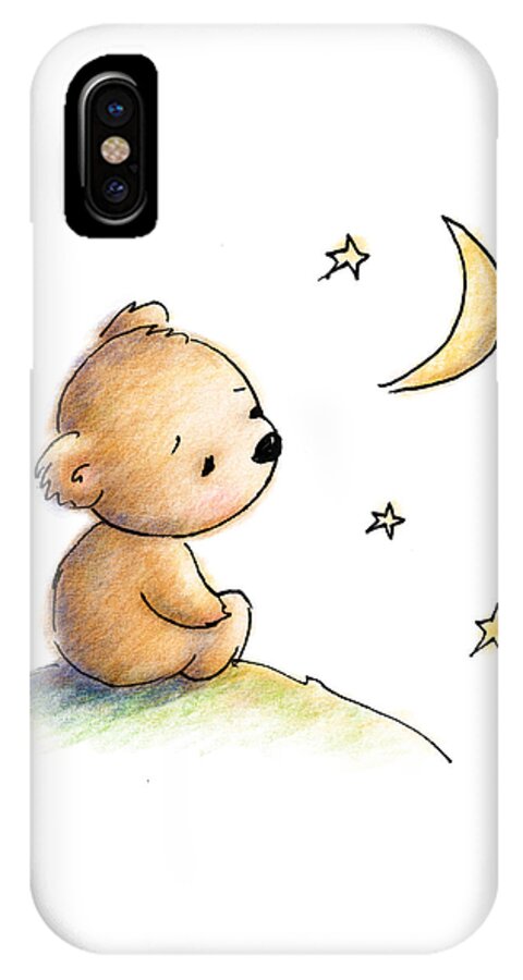 Drawing of cute teddy bear watching the star iPhone X Case by Anna