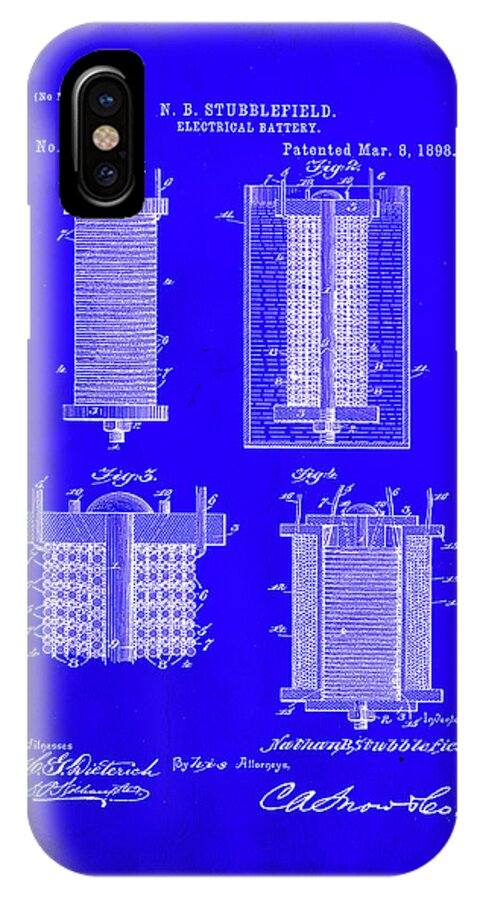 Patent iPhone X Case featuring the mixed media Electrical Battery Patent Drawing 1e by Brian Reaves