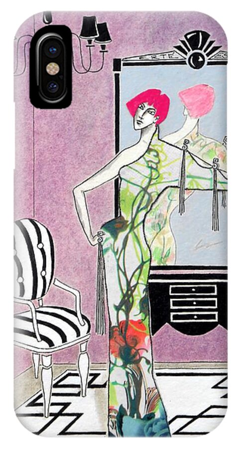 Art Deco iPhone X Case featuring the painting Erte'-esque -- Art Deco Interior w/ Fashion Figure by Jayne Somogy