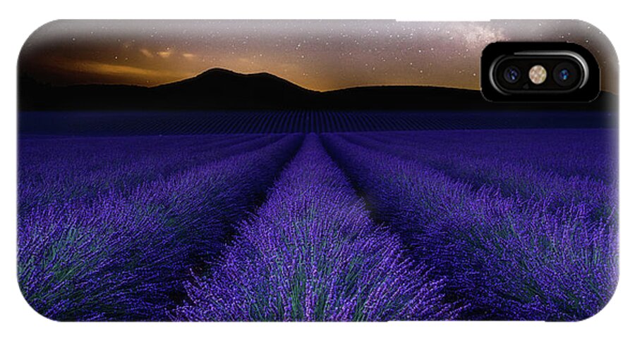 Night Stars Waterscape Lavender Mood Fields Provence Milkyway Clouds Nature Blue Sky Landscape Scenic Sea Nightscape Wonder Clouds Europe iPhone X Case featuring the photograph Fields of Eden by Jorge Maia