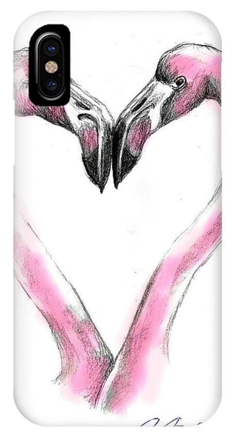 Flamingoes iPhone X Case featuring the drawing Flamingoes in love2 by Carol Allen Anfinsen