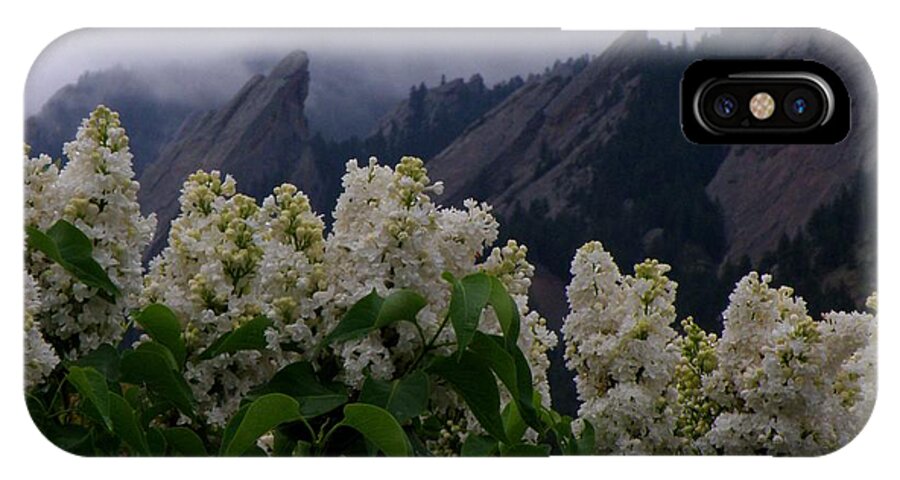 Flatirons Boulder Colorado Lilacs Flowers Spring Landscapes Misty Spring iPhone X Case featuring the photograph Flatirons white lilacs by George Tuffy
