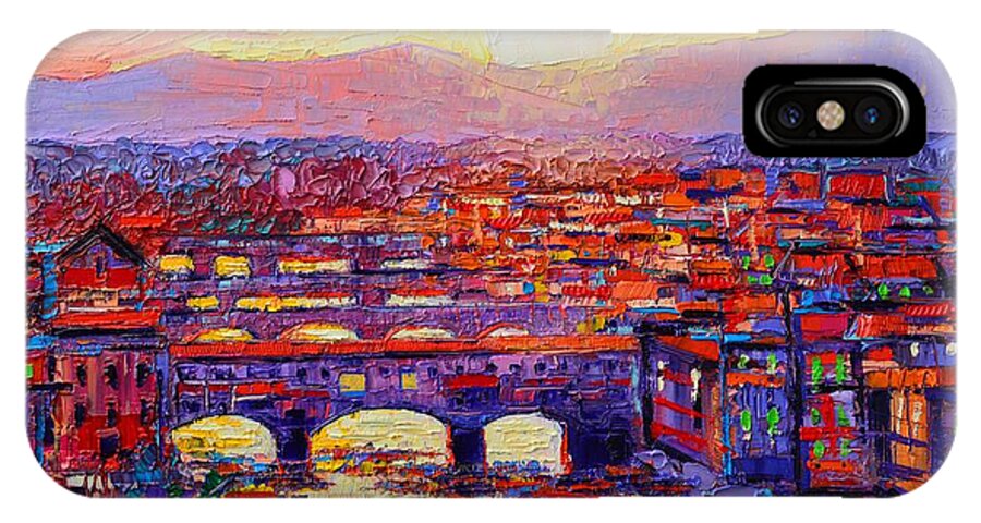 Florence iPhone X Case featuring the painting Florence Sunset Over Ponte Vecchio Abstract Impressionist Knife Oil Painting By Ana Maria Edulescu by Ana Maria Edulescu