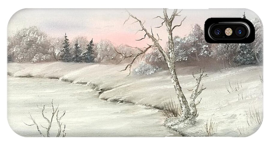 Oil Painting Winter Landscape Trees Snow Mountains iPhone X Case featuring the painting Frosty winter morning by Justin Wozniak