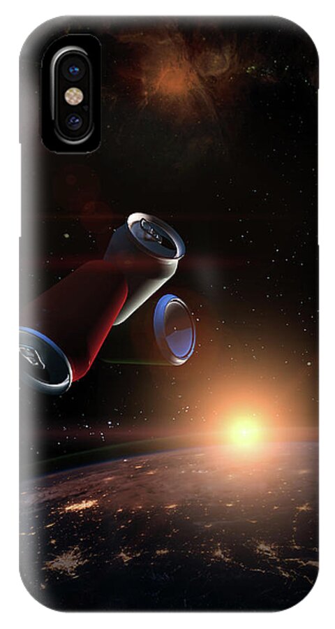Tin Can iPhone X Case featuring the photograph Garbage in space concept. Soda tin cans over the dark planet Ear by Alain De Maximy