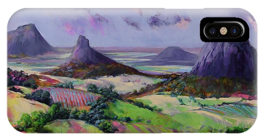 Glasshouse Mountains. Landscape Painting iPhone X Case featuring the painting Glasshouse Mountains Dreaming by Chris Hobel
