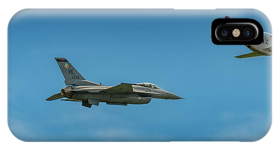 Aircraft iPhone X Case featuring the pyrography Heritage Flight of F16 and P51 by Javier Flores