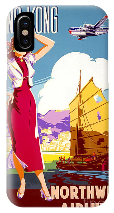 Retro iPhone X Case featuring the painting Hong Kong Vintage Travel Poster Restored by Vintage Treasure