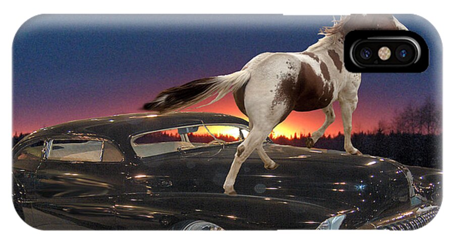 Classic Car Horse Sunset Trees Landscape Motor Chrome Sky iPhone X Case featuring the photograph Horse Power by Andrea Lawrence